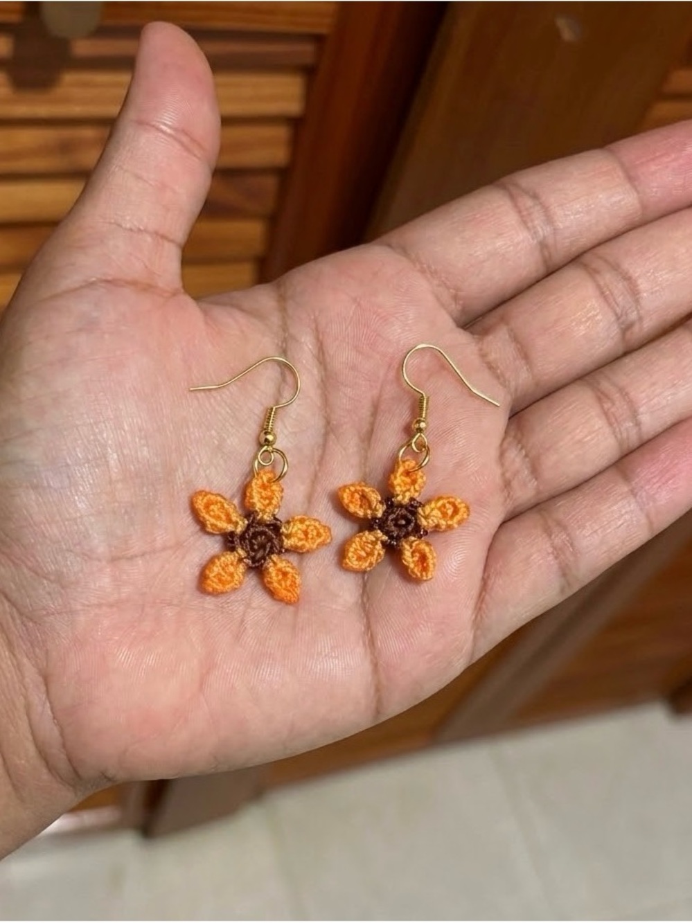 Handmade Orange Floral Crochet Dangle Earrings - Women Jewelry